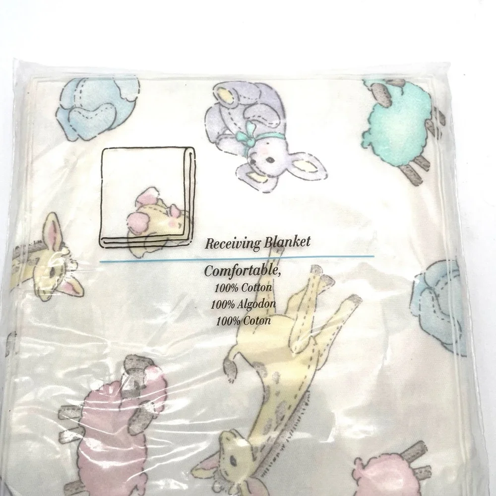 Carters Receiving Blanket Cotton Kids OS White NWT Vintage Animal Print 026-462